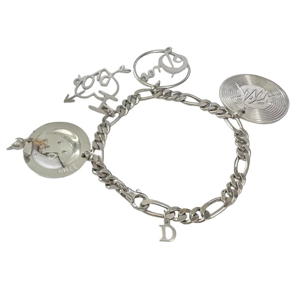 AUTH VTG Christian Dior Silver Figaro Chain Link Large Logo Charm Bracelet - Picture 11 of 16